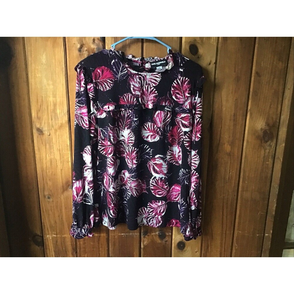 Karl Lagerfeld Leaf Print Ruffled Top M Mock Neck Long Sleeves Keyhole